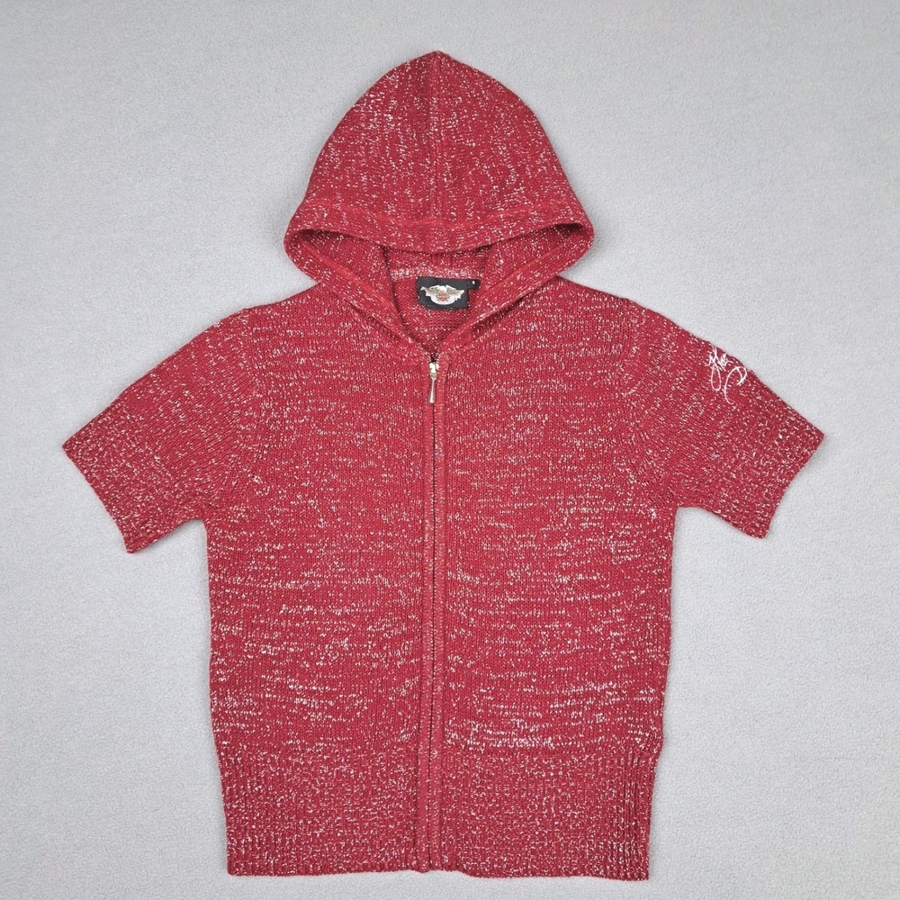 Y2K Harley Davidson Sweater Womens‎ Small Red Hoodie Short Sleeve Sparkle Zip Up